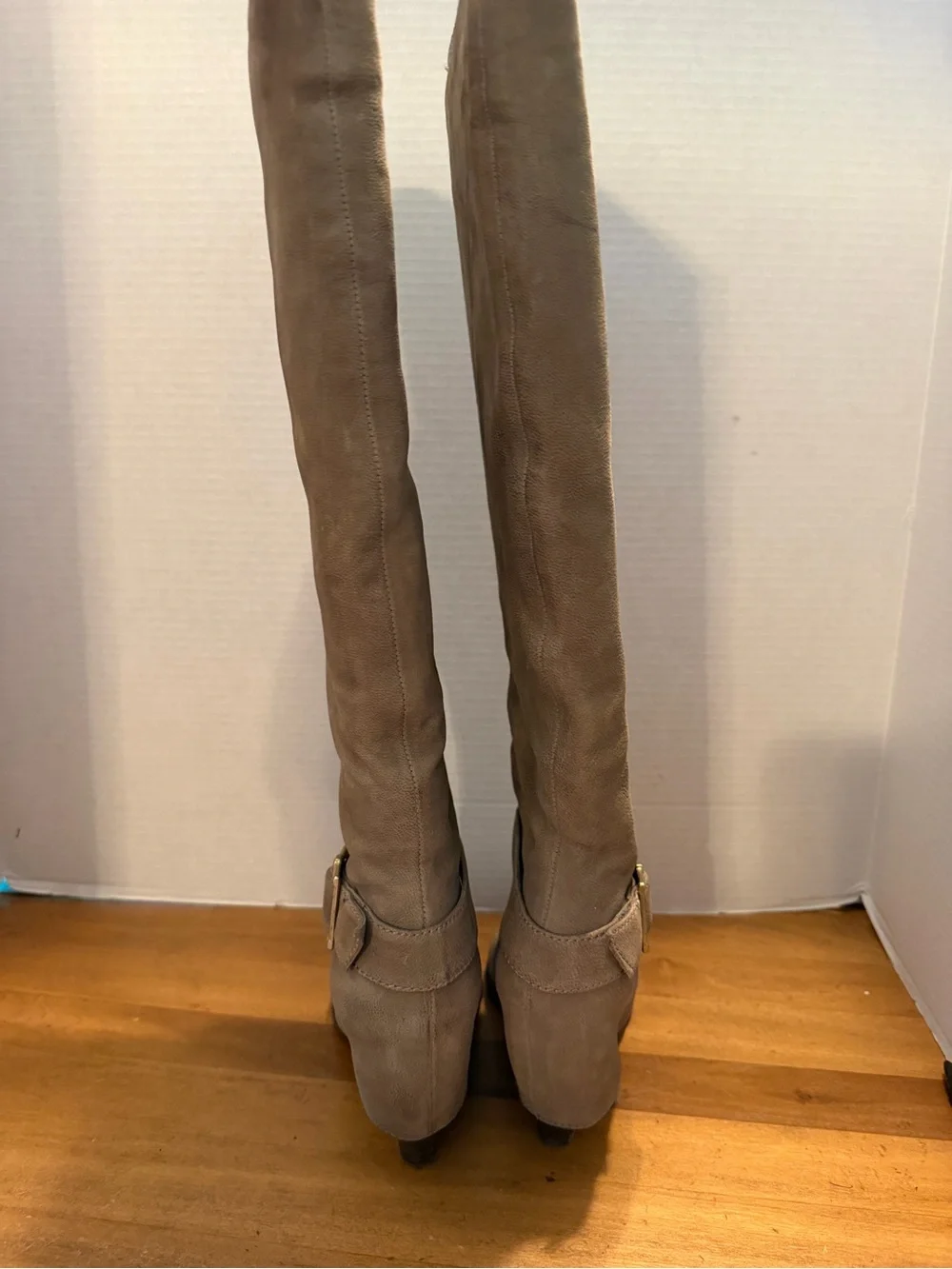 Vince Camuto Women's Tall Taupe Suede Boots with Buckle Accent